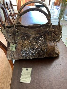 Frye Deborah Distressed Brown Leather Satchel with Metallic Sequins